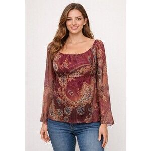 Star City Y2K Sheer Paisley Long Sleeve Top Burgundy Square Neck Boho Women’s S